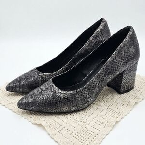 Grey Snake-Print Block Heel Pumps